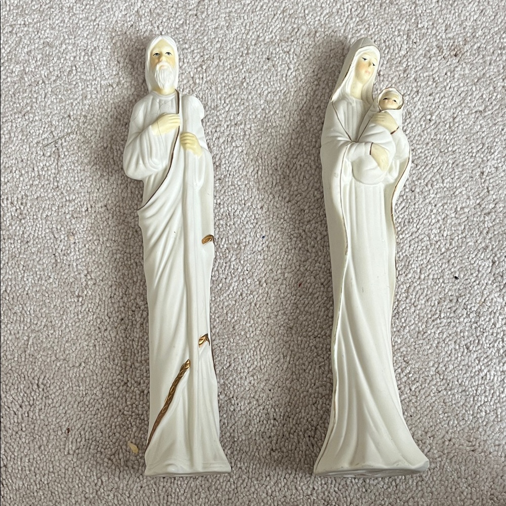 Elegant Cream Religious Figurines of Saint Mary Carrying Baby Jesus and Joseph